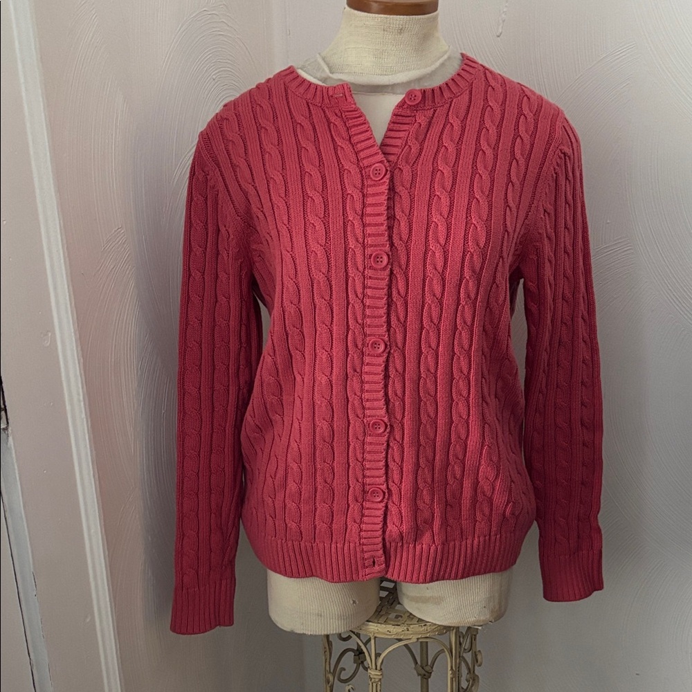 VINTAGE 90' s L.L.Bean Women's Rose CABLE KNIT Button up Cardigan